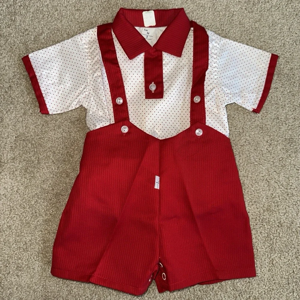 Boys Christmas 1T Short Set 12 Months NOS JCPenney Red & White Shorts Suspenders